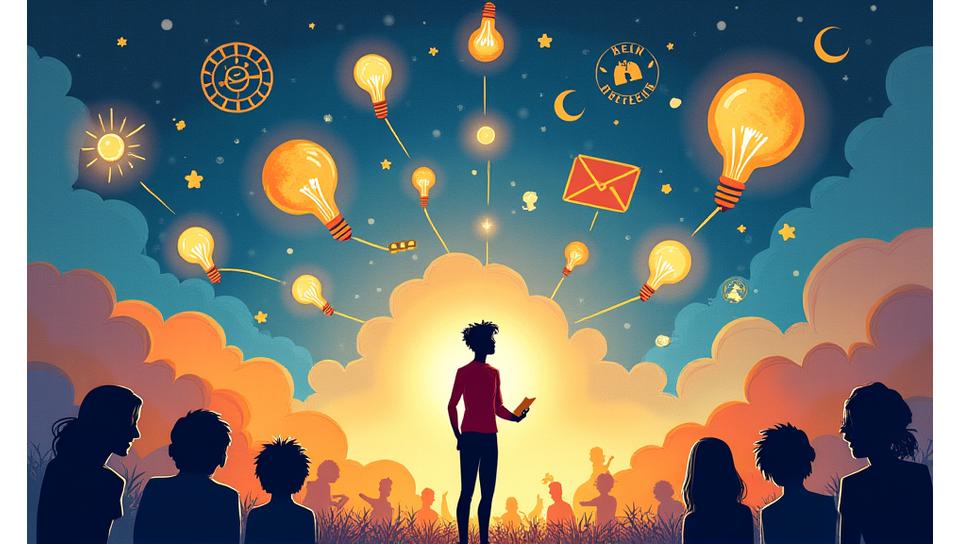 Illustration d'une personne racontant une histoire avec des éléments de fantaisie et de connexion, symbolisant le storytelling de marque.