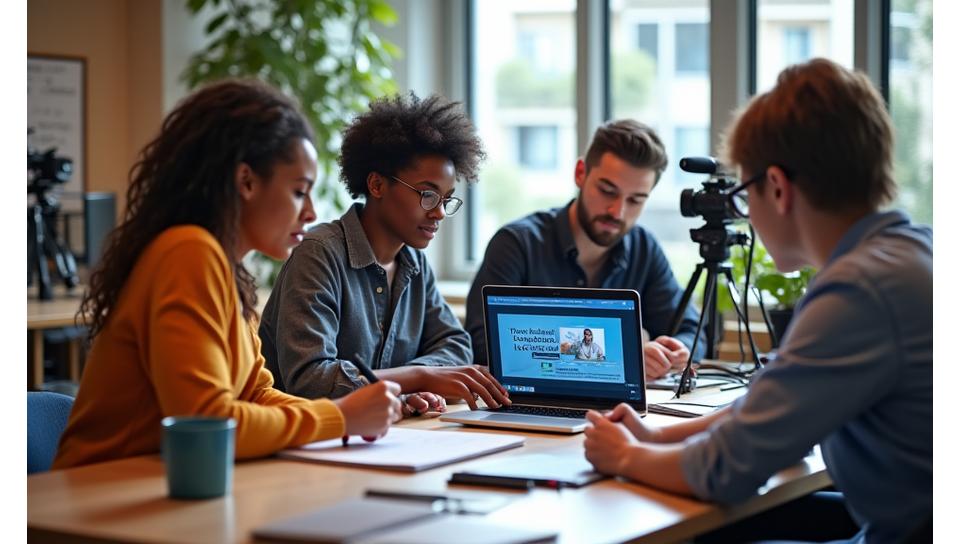 Équipe de créateurs de contenu travaillant sur différentes formes de médias.
