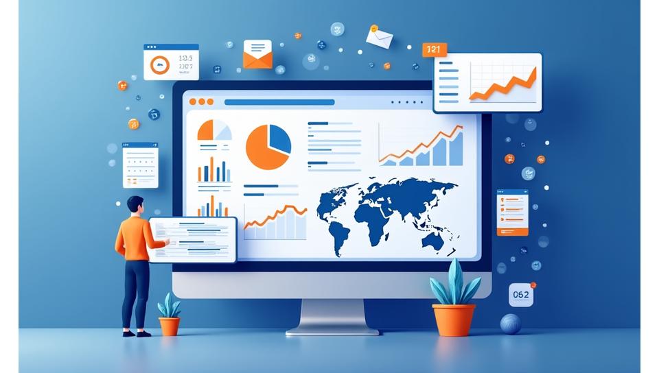 Illustration d'un tableau de bord de stratégie marketing digitale avec graphiques et données.