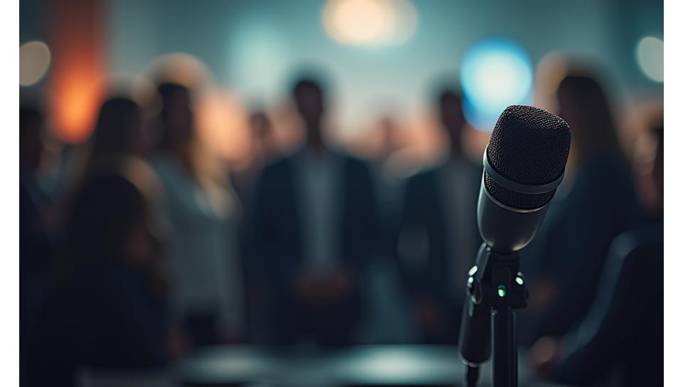 Une foule de journalistes et un micro de presse, symbolisant les relations publiques.